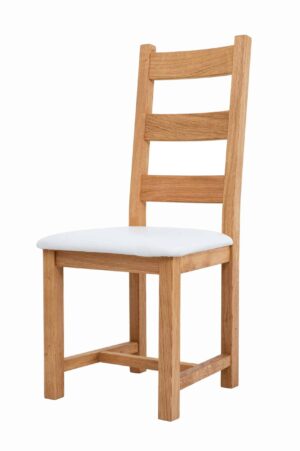 Krzesło Ladder Back z litego dębu z białą ekoskórą w olejowanym wykończeniu
