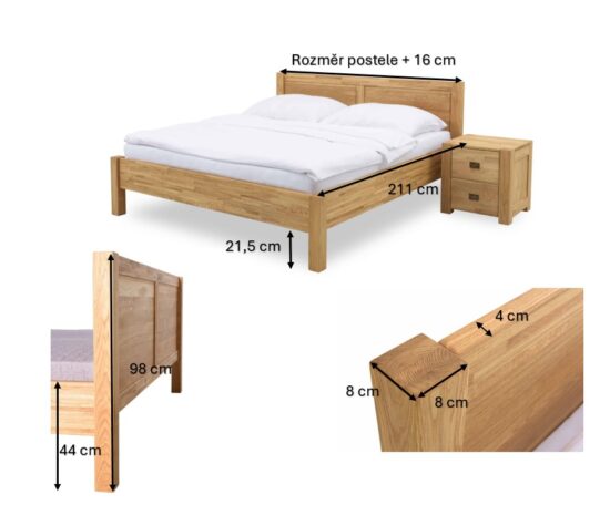 Dubová masivní postel je vyrobena z kvalitního masivního dubu s tloušťkou 4 cm. Kvalitní lamelový rošt je v ceně.