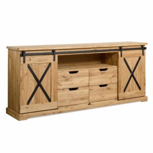 Představujeme vám masivní komodu Railway, skvělý doplněk do vašeho domova, který zaujme svým jedinečným designem a praktičností.