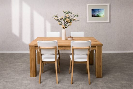 Dębowy zestaw jadalniany Florence-Tallin łączy w sobie ponadczasową elegancję, niezrównaną jakość i maksymalną funkcjonalność.
