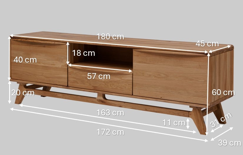 Dřevěná televizní komoda Bara – elegantní masivní dub, praktická zásuvka se soft close, otevřená police a nastavitelné úložné prostory. Stylový design s zaoblenými rohy a jednoduchou údržbou, součást kolekce Bara.