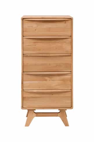 Dubová masivní komoda Bara 5Z nabízí pět prostorných zásuvek se systémem soft close v elegantním designu se zaoblenými hranami a stylovými nohami. Povrch je ošetřen přírodním olejem ADLER Legno Dura-Öl, který zvýrazňuje krásu dubového dřeva a zajišťuje snadnou údržbu.
