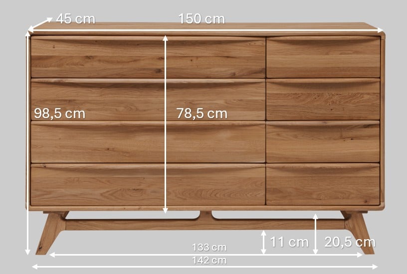 Dubová masivní komoda Bara 8Z vám nabídne osm prostorných zásuvek pro dokonalý pořádek ve vašem interiéru. Elegantní design a masivní provedení zajistí, že se stane stylovým a praktickým doplňkem každé domácnosti.“