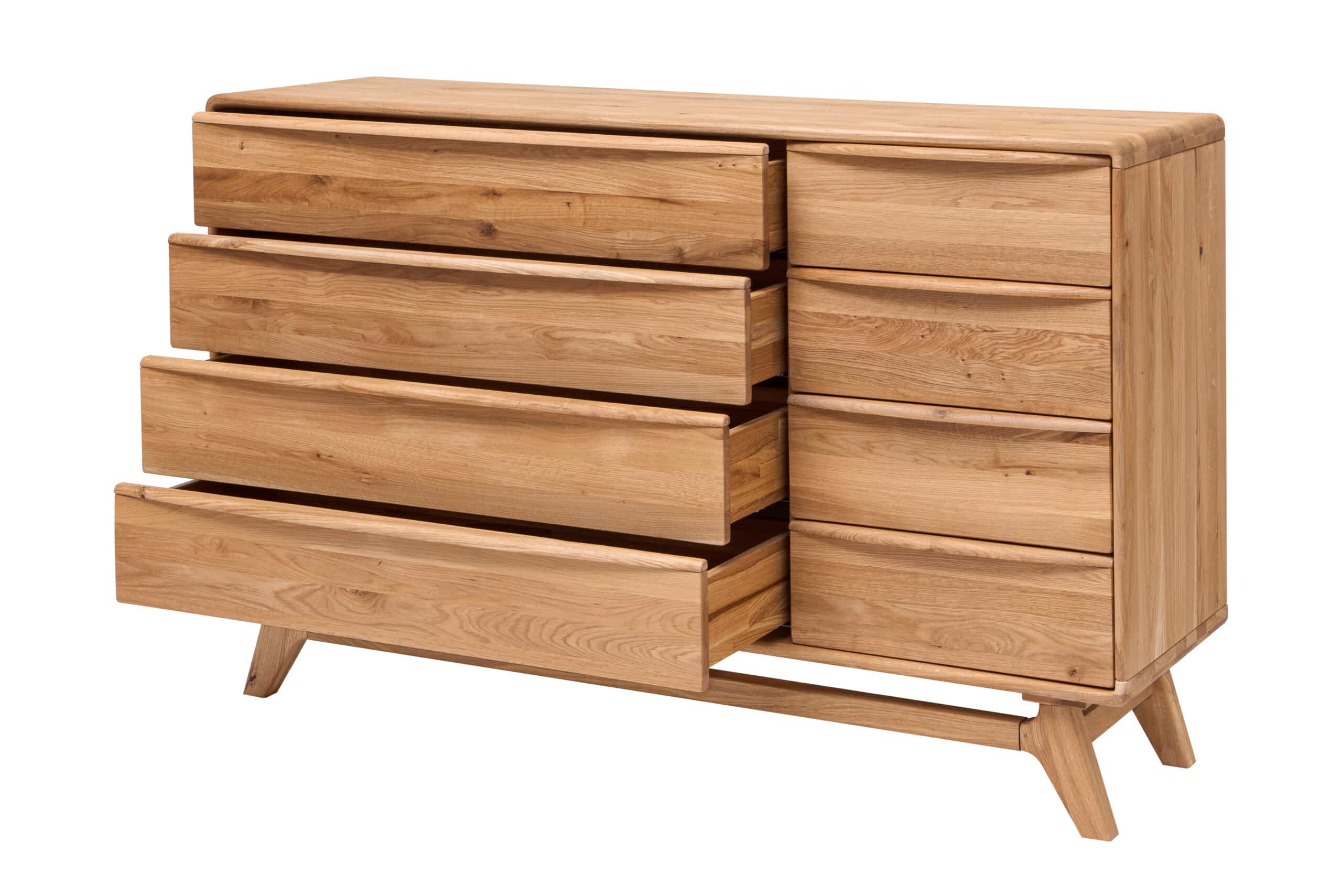 Dubová masivní komoda Bara 8Z vám nabídne osm prostorných zásuvek pro dokonalý pořádek ve vašem interiéru. Elegantní design a masivní provedení zajistí, že se stane stylovým a praktickým doplňkem každé domácnosti.“