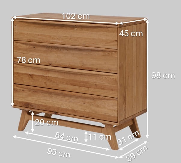 Dubová masivní komoda Bara 4Z spojuje přírodní krásu dubového dřeva s praktickým uspořádáním čtyř zásuvek se systémem soft close. Elegantní design se zaoblenými hranami a kvalitní olejová povrchová úprava zajišťují dlouhou životnost i snadnou údržbu. Stylový a funkční kousek, který zapadne do každého interiéru.