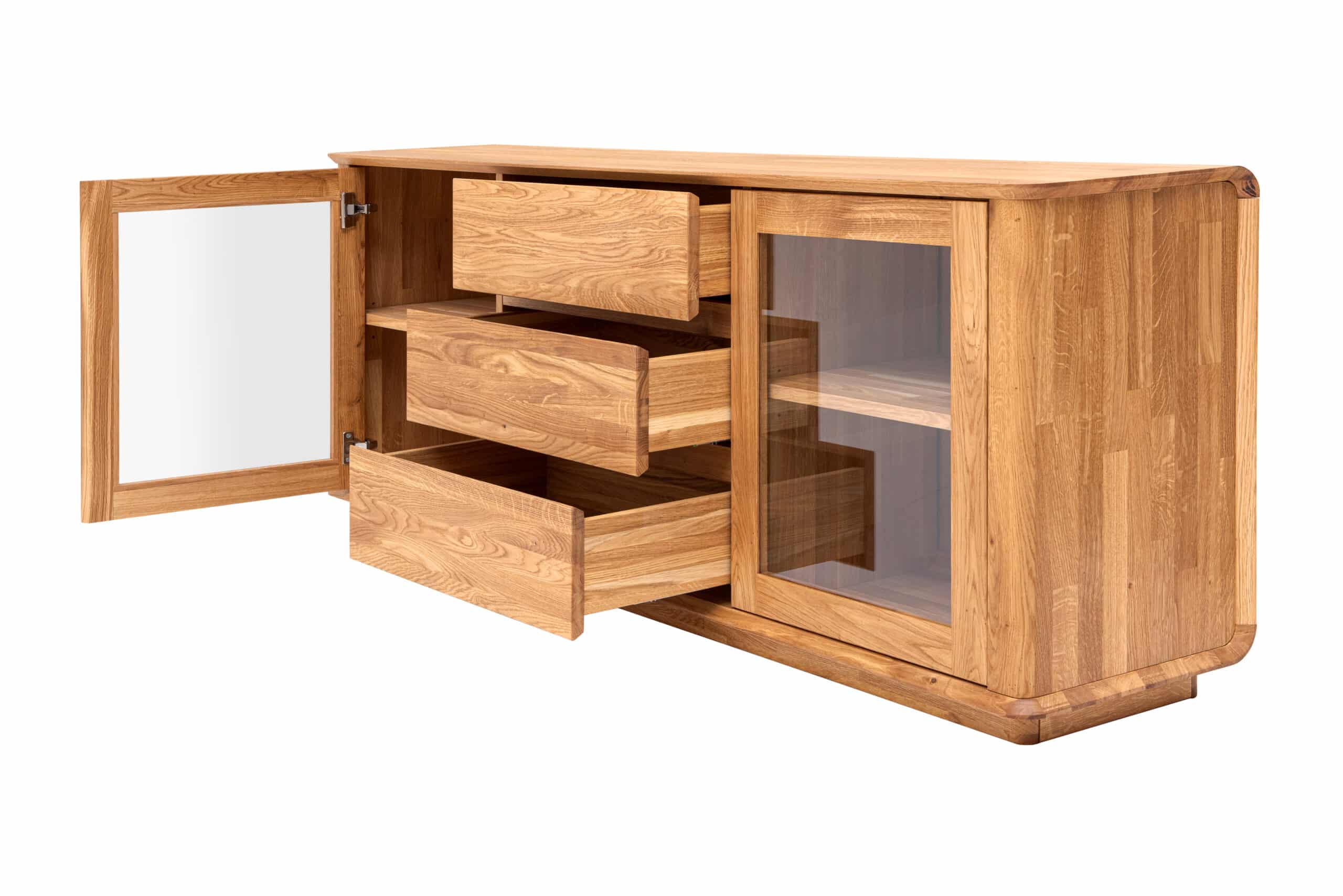 Skříňka pod TV Celin z masivního dubového dřeva kombinuje nadčasový design s praktickým úložným prostorem. Prosklené skříňky s nastavitelnými policemi a zásuvky se soft close dělají z tohoto kusu ideální centrum vašeho obývacího pokoje.