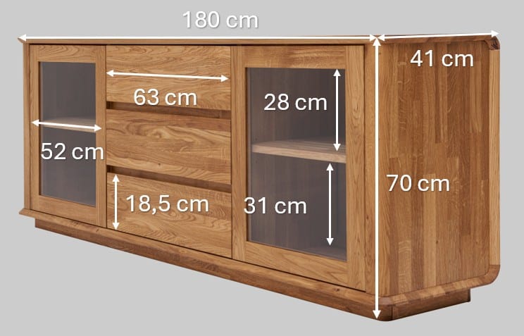 Skříňka pod TV Celin z masivního dubového dřeva kombinuje nadčasový design s praktickým úložným prostorem. Prosklené skříňky s nastavitelnými policemi a zásuvky se soft close dělají z tohoto kusu ideální centrum vašeho obývacího pokoje.