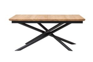 Rozkładany stół jadalniany Traun łączy naturalną elegancję litego dębu z nowoczesnym designem metalowych nóg. Dzięki ukrytemu mechanizmowi rozkładania i dodatkowemu blatowi, który wydłuża stół o 80 cm, zyskasz dodatkową przestrzeń w ciągu kilku sekund.