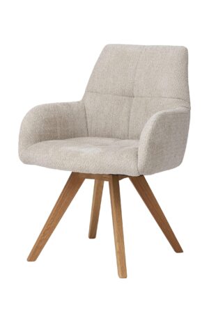 Stylowy obrotowy fotel Amber łączy naturalne piękno litego dębu z elegancką tapicerką w jasnym beżowym kolorze. Oferuje wyjątkowy komfort, praktyczny obrót boczny i automatyczny powrót poduszki siedziska do pierwotnej pozycji. Świetny wybór zarówno do nowoczesnych, jak i klasycznych wnętrz.