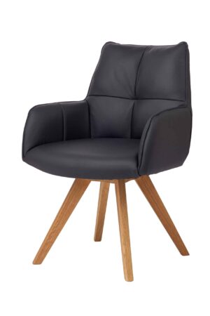 Obrotowy fotel dębowy Amber łączy wytrzymałość litego dębu z eleganckim czarnym pokryciem z ekoskóry, które jest przyjemne w dotyku i łatwe w utrzymaniu. Dzięki częściowo obrotowemu mechanizmowi wygodnie ustawisz optymalną pozycję do siedzenia. Idealny wybór do nowoczesnego domu i przestrzeni roboczej, gdzie wyróżni się zarówno design, jak i funkcjonalność.