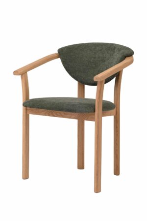 Eleganckie drewniane krzesło Alexis z litego dębu w połączeniu z zieloną tapicerką zapewnia wygodę, jakość i ponadczasowy design. Ergonomiczny kształt i praktyczne podłokietniki zapewniają maksymalny komfort podczas codziennego siedzenia. Alexis z łatwością stanie się stylowym dodatkiem do jadalni, gabinetu i salonu.