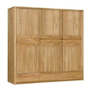 Szafa z litego drewna Lausanne 3 z trzema drzwiami przesuwnymi nie tylko podniesie walory estetyczne Państwa sypialni, ale będzie również służyć przez długie lata. Zachwyca naturalnym usłojeniem drewna i ponadczasowym designem. Praktycznie zaprojektowane wnętrze oferuje połączenie półek, drążka i dwóch szuflad, dzięki czemu wszystkie rzeczy będą uporządkowane i zawsze pod ręką.