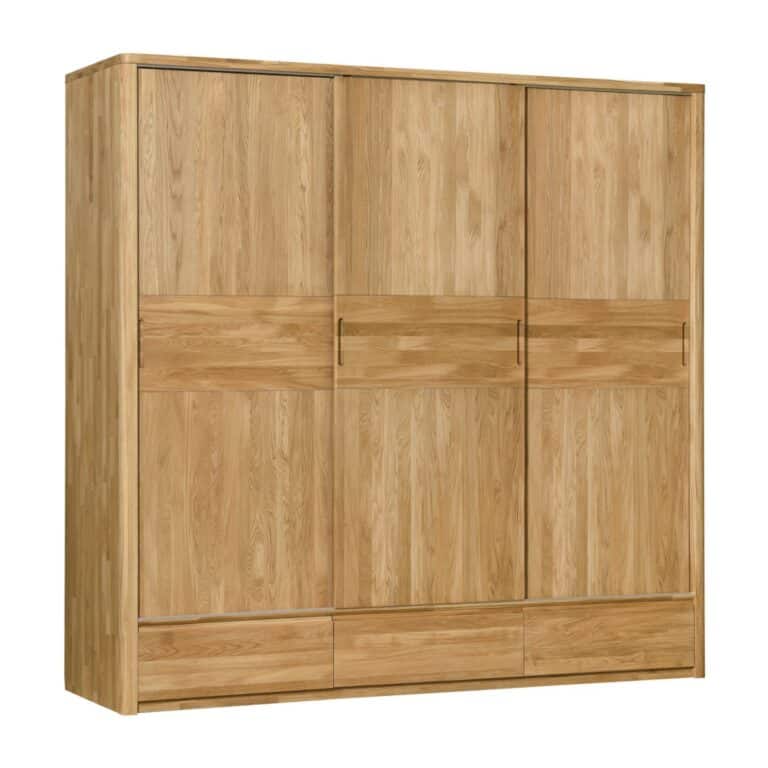 Szafa z litego drewna Lausanne 3 z trzema drzwiami przesuwnymi nie tylko podniesie walory estetyczne Państwa sypialni, ale będzie również służyć przez długie lata. Zachwyca naturalnym usłojeniem drewna i ponadczasowym designem. Praktycznie zaprojektowane wnętrze oferuje połączenie półek, drążka i dwóch szuflad, dzięki czemu wszystkie rzeczy będą uporządkowane i zawsze pod ręką.