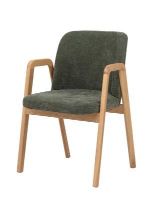 Dębowe krzesło Chill pasuje nie tylko do stołu w jadalni, ale także do gabinetu, biura lub stylowej przestrzeni komercyjnej. Lite drewno dębowe gwarantuje długą żywotność, wysokiej jakości zielona tapicerka zapewnia przyjemne siedzenie, a podłokietniki jeszcze większy komfort podczas siadania i wstawania.