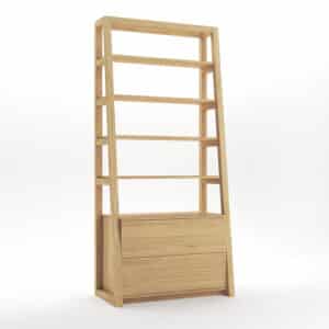 Dębowy regał na książki Funny z litego drewna wyróżnia się czystym designem bez uchwytów i naturalnym pięknem olejowanego drewna. Otwarte półki uzupełniają praktyczne szuflady z systemem Tip-on, zapewniając maksymalny komfort i dyskretną przestrzeń do przechowywania.