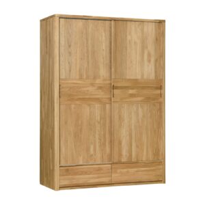 Szafa z litego drewna Lausanne z dwojgiem przesuwnych drzwi nie tylko podniesie estetykę Państwa sypialni, ale będzie służyć przez długie lata. Zachwyca naturalnym usłojeniem drewna i ponadczasowym designem. Praktycznie zaprojektowane wnętrze oferuje połączenie półek, drążka i dwóch szuflad, dzięki czemu wszystkie rzeczy będą uporządkowane i zawsze pod ręką.