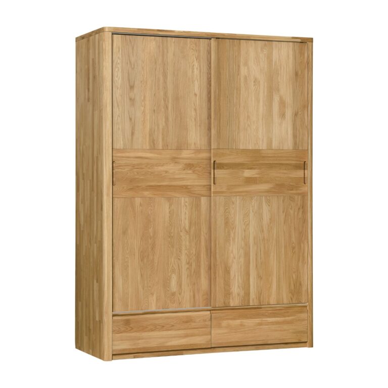 Szafa z litego drewna Lausanne z dwojgiem przesuwnych drzwi nie tylko podniesie estetykę Państwa sypialni, ale będzie służyć przez długie lata. Zachwyca naturalnym usłojeniem drewna i ponadczasowym designem. Praktycznie zaprojektowane wnętrze oferuje połączenie półek, drążka i dwóch szuflad, dzięki czemu wszystkie rzeczy będą uporządkowane i zawsze pod ręką.