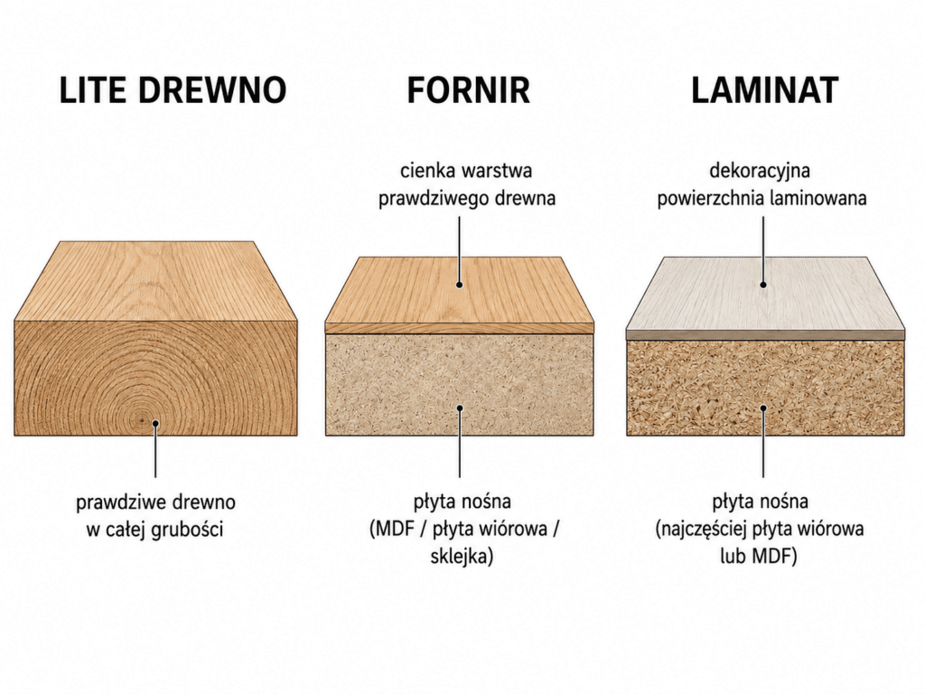 Porównanie trzech materiałów w przekroju: lite drewno (pełne drewno), fornir (drewno na materiale nośnym) i laminat (płyta wiórowa z warstwą laminatu)