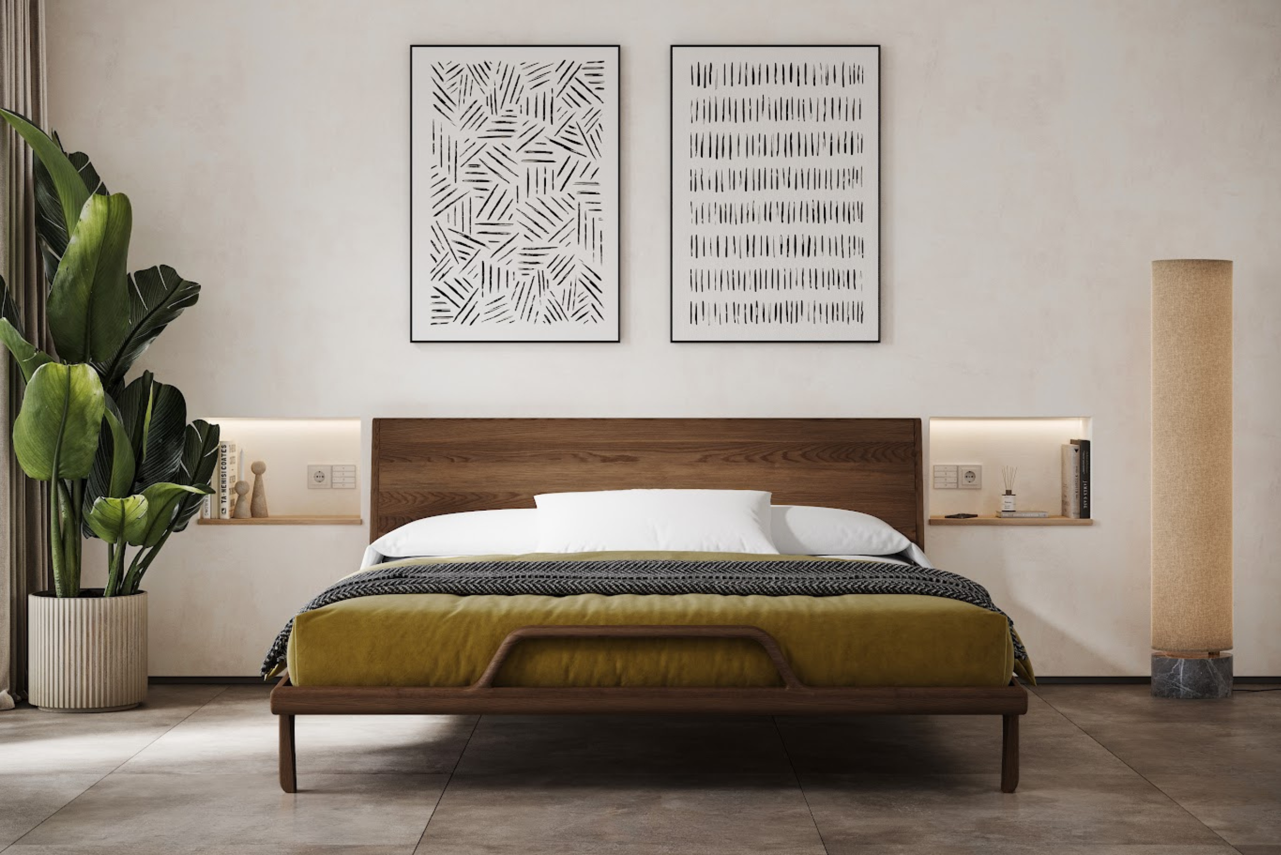 Nowoczesne łóżko z litego jesionu w eleganckim odcieniu orzecha z wysokim wezgłowiem, stylową drewnianą ramą i oryginalnym detalem dekoracyjnym w przedniej części. Delikatne krzywizny i lekka konstrukcja tworzą harmonijny mebel o ponadczasowym designie.